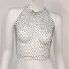 Sexy Body Jewelry Black off Shoulder Crystal Fishnet Vest White Crop Tops for Women Halter Backless Rhinestone Mesh Top