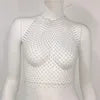 Sexy Body Jewelry Black off Shoulder Crystal Fishnet Vest White Crop Tops for Women Halter Backless Rhinestone Mesh Top