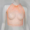 Sexy Body Jewelry Black off Shoulder Crystal Fishnet Vest White Crop Tops for Women Halter Backless Rhinestone Mesh Top