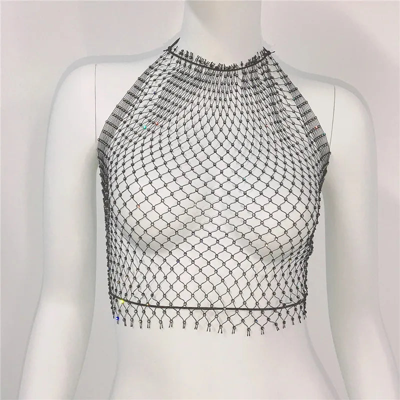 Sexy Body Jewelry Black off Shoulder Crystal Fishnet Vest White Crop Tops for Women Halter Backless Rhinestone Mesh Top