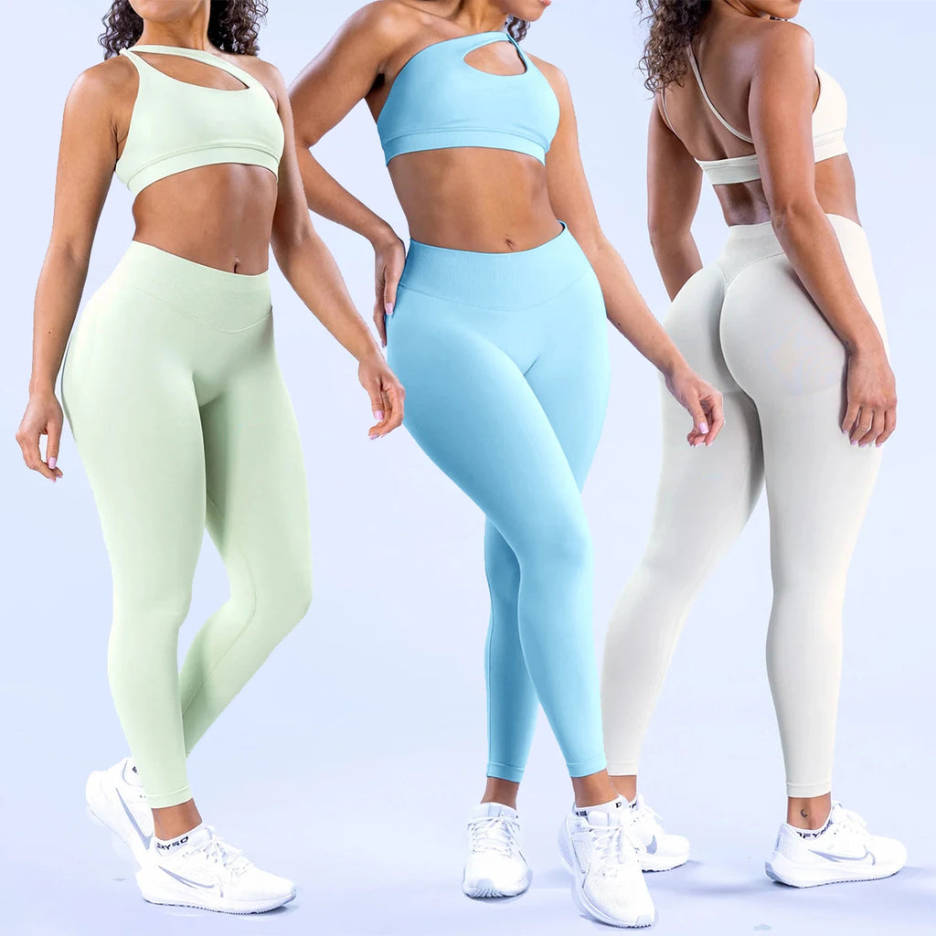 YIYI Women's 3 Piece Outfits Ribbed Seamless Exercise One Shoulder Sports Bra Tops High Waist Scrunch Leggings Shorts Active Set