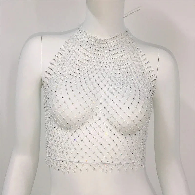 Sexy Body Jewelry Black off Shoulder Crystal Fishnet Vest White Crop Tops for Women Halter Backless Rhinestone Mesh Top