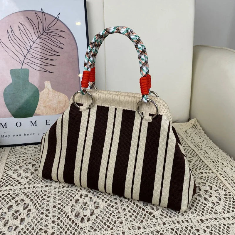 Factory Wholesale Retro Houndstooth Knitted Polyester Tote Bag with Magnetic Closure Dumpling Shoulder Handbag
