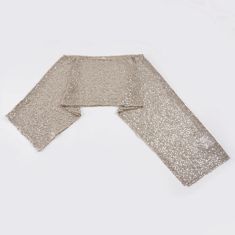 Elegant Breathable Printed Knitted Music Festival One-Shoulder Sequins Cover-Up Sparkly Glitter Short Top Women's Party