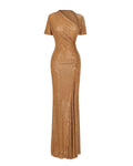 S2670N 2026 New Women's Luxury Maxi Dress Asymmetrical Ruched Short Sleeve Formal Breathable Sparkly Bodycon Evening Dress