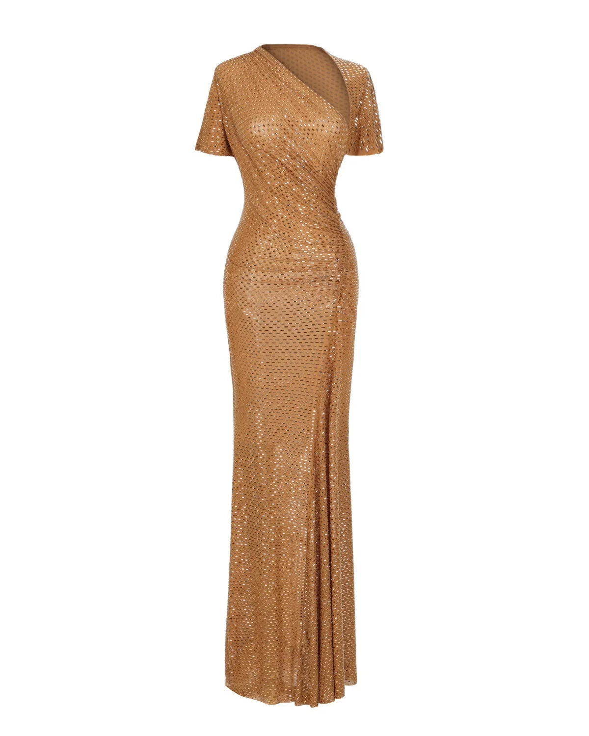 S2670N 2026 New Women's Luxury Maxi Dress Asymmetrical Ruched Short Sleeve Formal Breathable Sparkly Bodycon Evening Dress