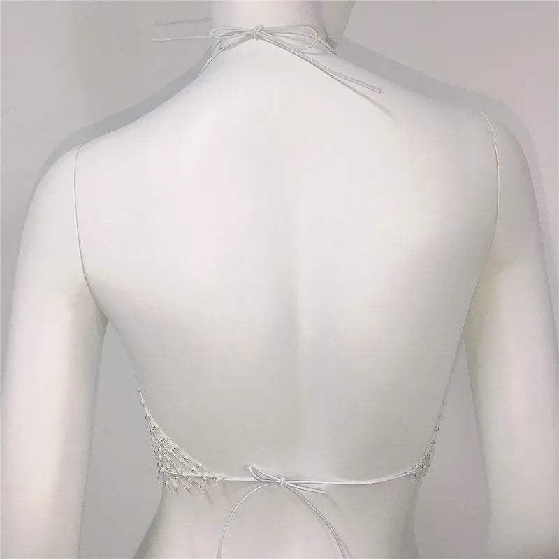 Sexy Body Jewelry Black off Shoulder Crystal Fishnet Vest White Crop Tops for Women Halter Backless Rhinestone Mesh Top