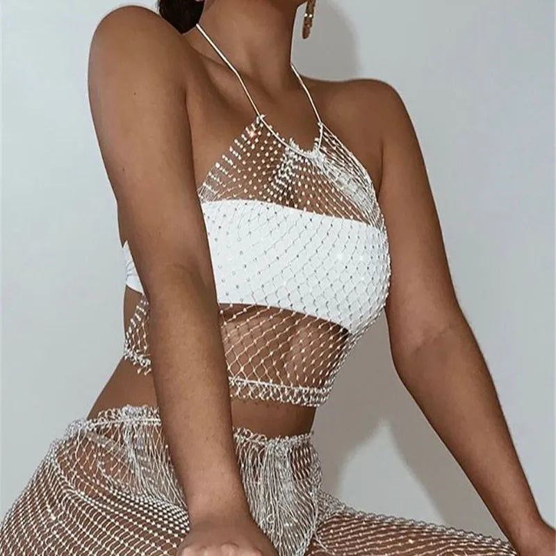 Sexy Body Jewelry Black off Shoulder Crystal Fishnet Vest White Crop Tops for Women Halter Backless Rhinestone Mesh Top