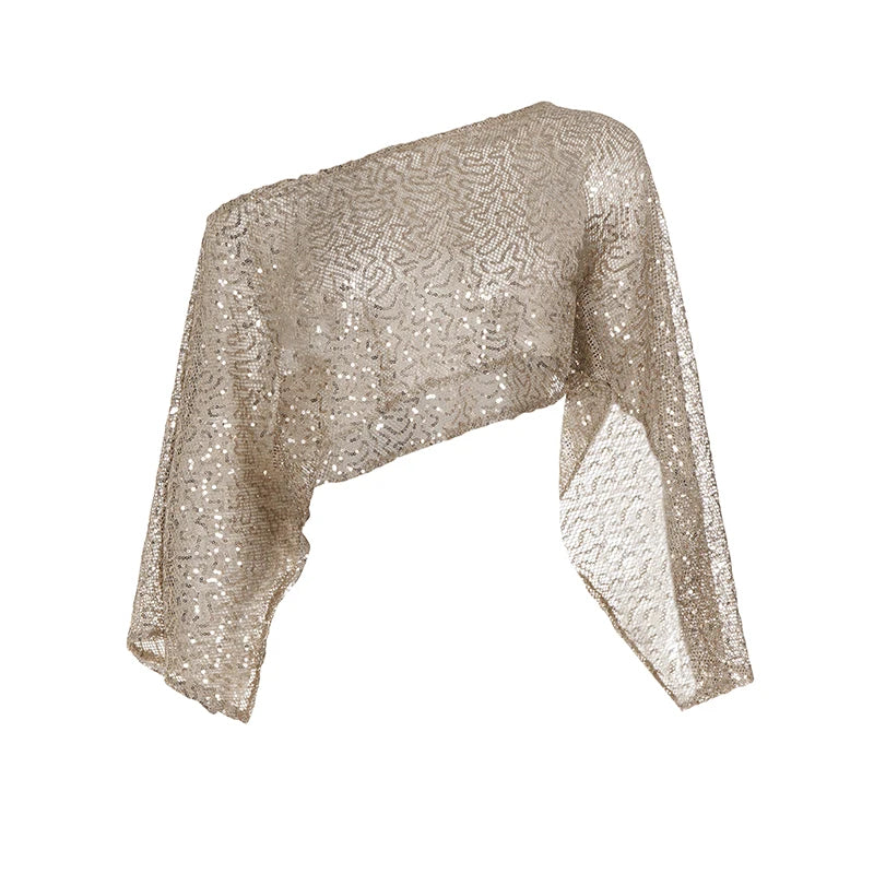 Elegant Breathable Printed Knitted Music Festival One-Shoulder Sequins Cover-Up Sparkly Glitter Short Top Women's Party
