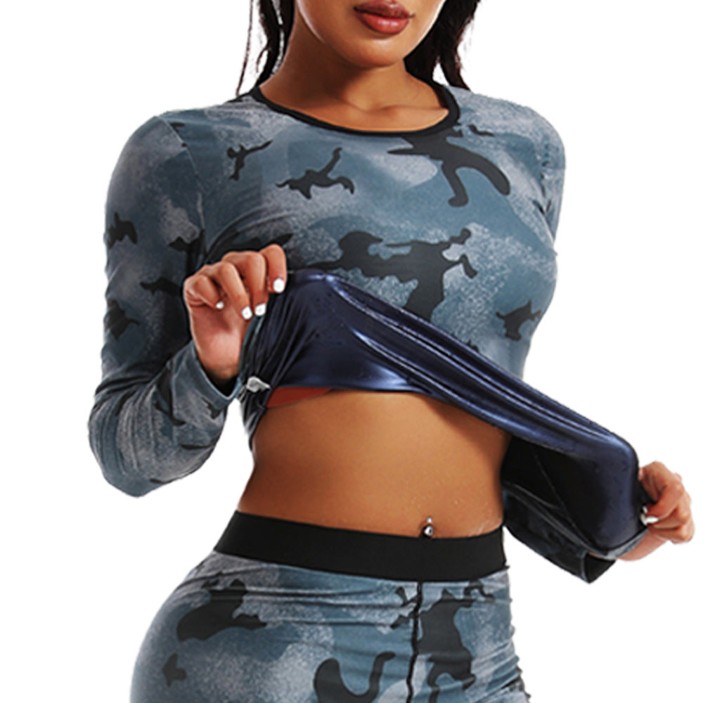 High Waist Abdominal Sweating Pants Abdominal Sweating Sports Fitness Sweating Long Sleeve Sweating Sweating Clothing Camouflage Women's Sports suit