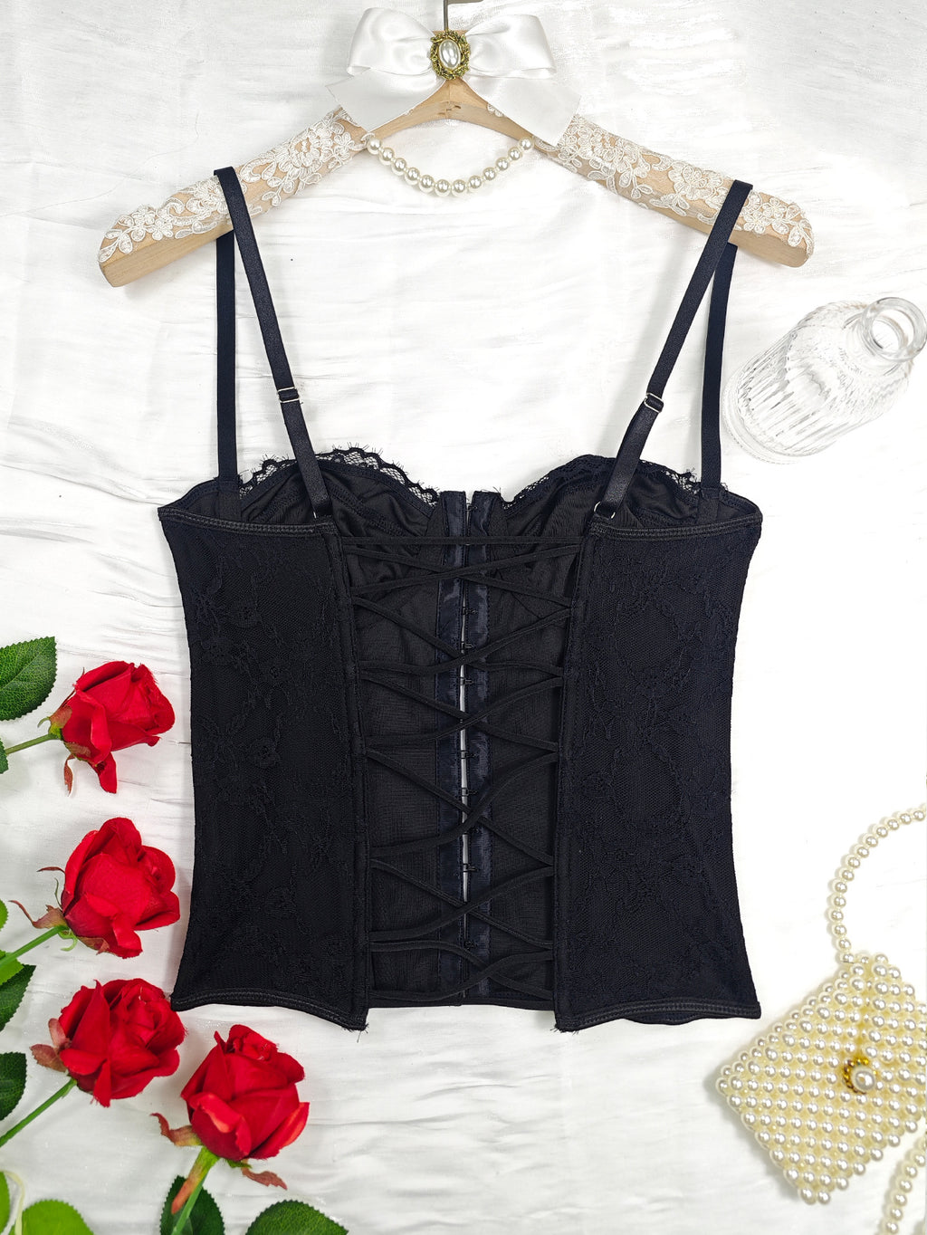 Cross-border Ins Women's Dress Fish Bone Steel Ring Wrap Chest Breasted Backless Vest European and American Style Sexy Solid Color Lace Sling