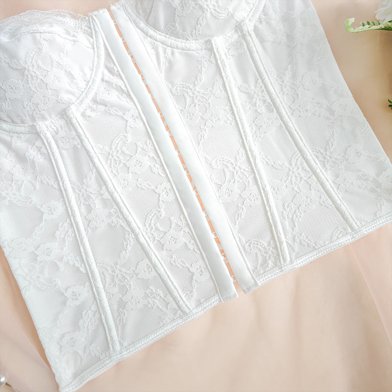 Cross-border Ins Women's Dress Fish Bone Steel Ring Wrap Chest Breasted Backless Vest European and American Style Sexy Solid Color Lace Sling