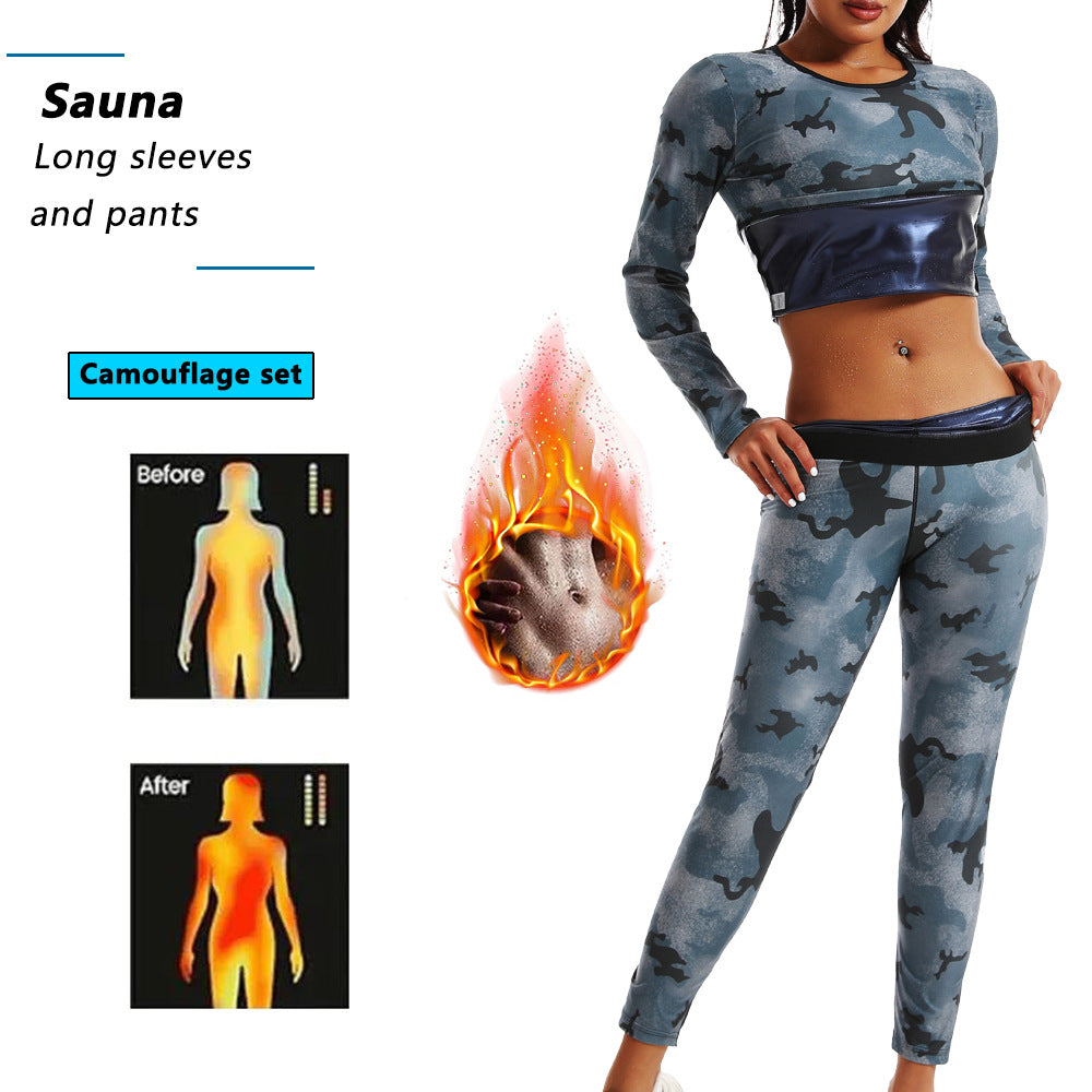 High Waist Abdominal Sweating Pants Abdominal Sweating Sports Fitness Sweating Long Sleeve Sweating Sweating Clothing Camouflage Women's Sports suit