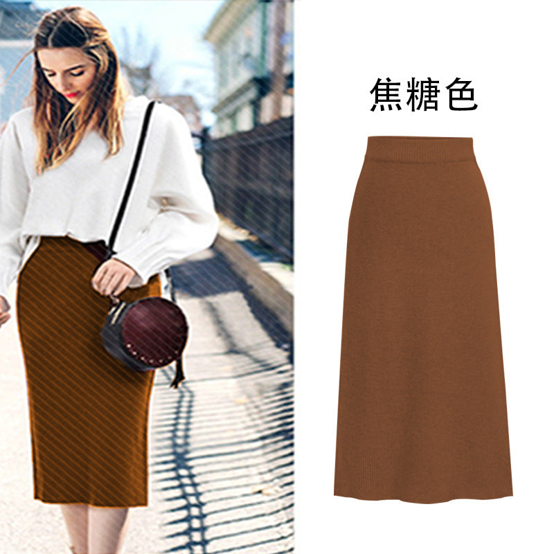 Winter Wool Skirt Women's Mid-Length Plus Size Angela Red Woolen Skirt Slit Hip Skirt High Waist Long Skirt