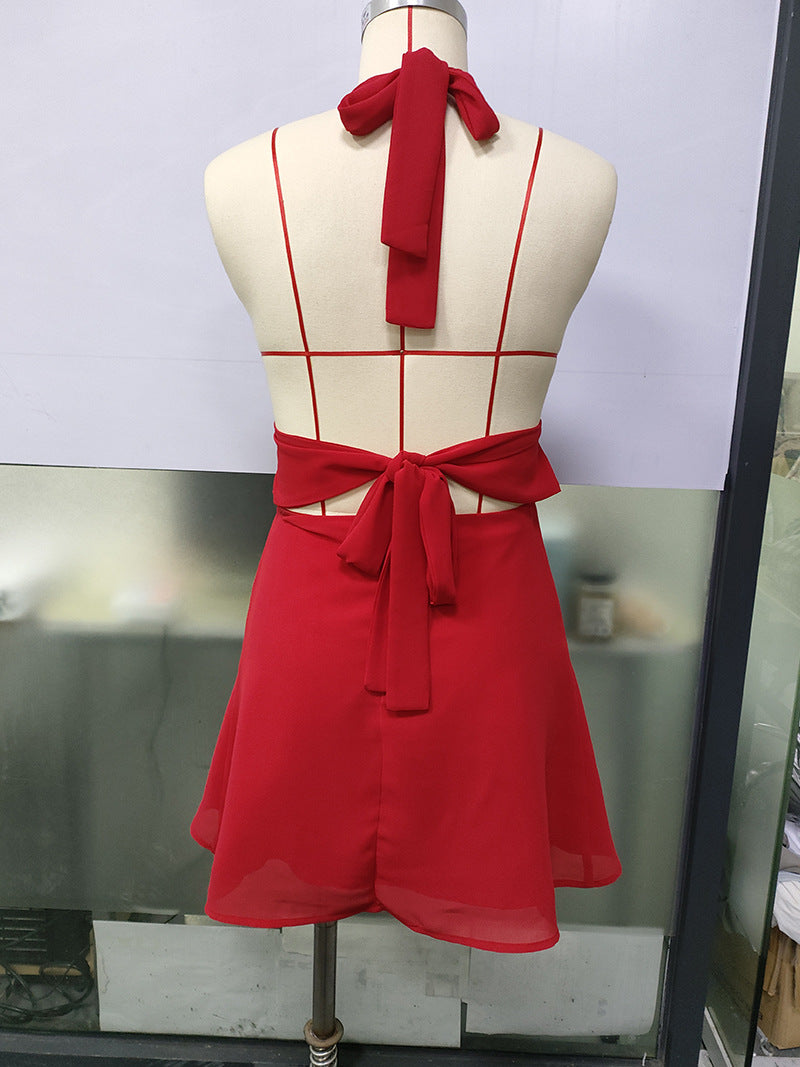 Spot European and American Cross-Border Women's Clothing Strappy Deep V Tight Skirt Sexy Sexy Backless Strappy Waist Dress