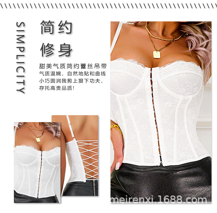 Cross-border Ins Women's Dress Fish Bone Steel Ring Wrap Chest Breasted Backless Vest European and American Style Sexy Solid Color Lace Sling