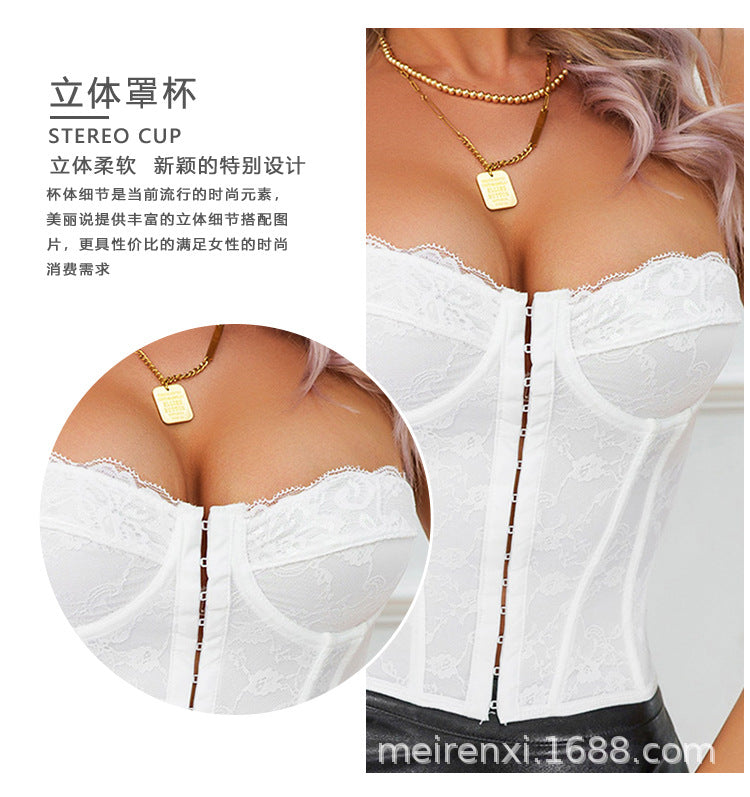 Cross-border Ins Women's Dress Fish Bone Steel Ring Wrap Chest Breasted Backless Vest European and American Style Sexy Solid Color Lace Sling