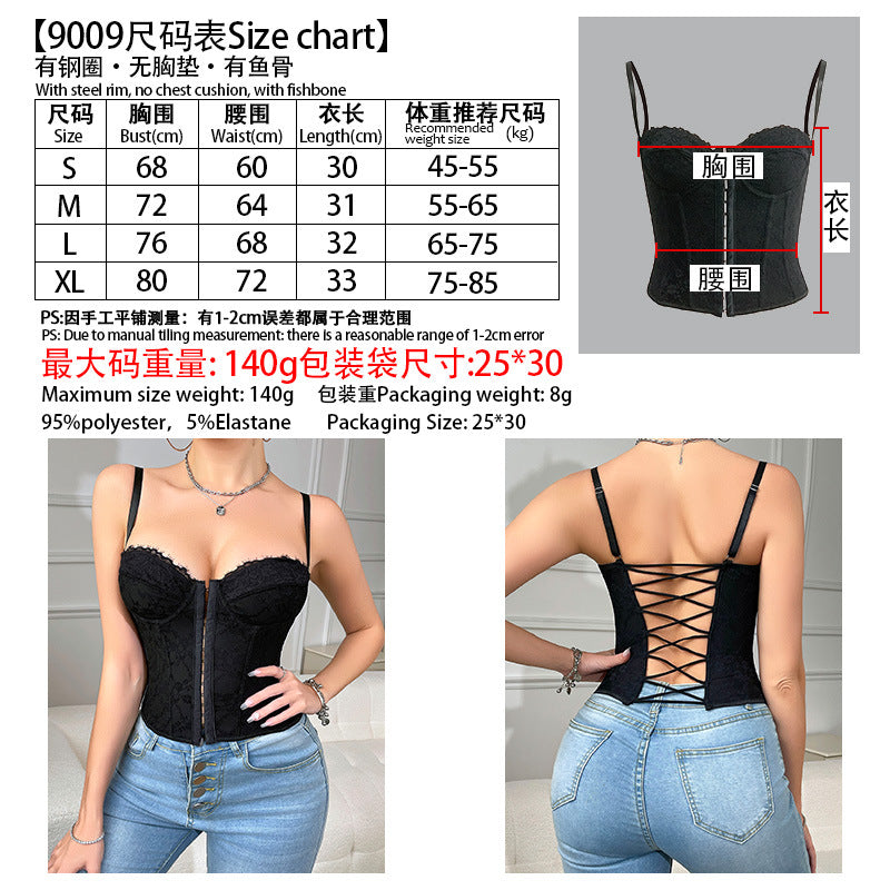 Cross-border Ins Women's Dress Fish Bone Steel Ring Wrap Chest Breasted Backless Vest European and American Style Sexy Solid Color Lace Sling