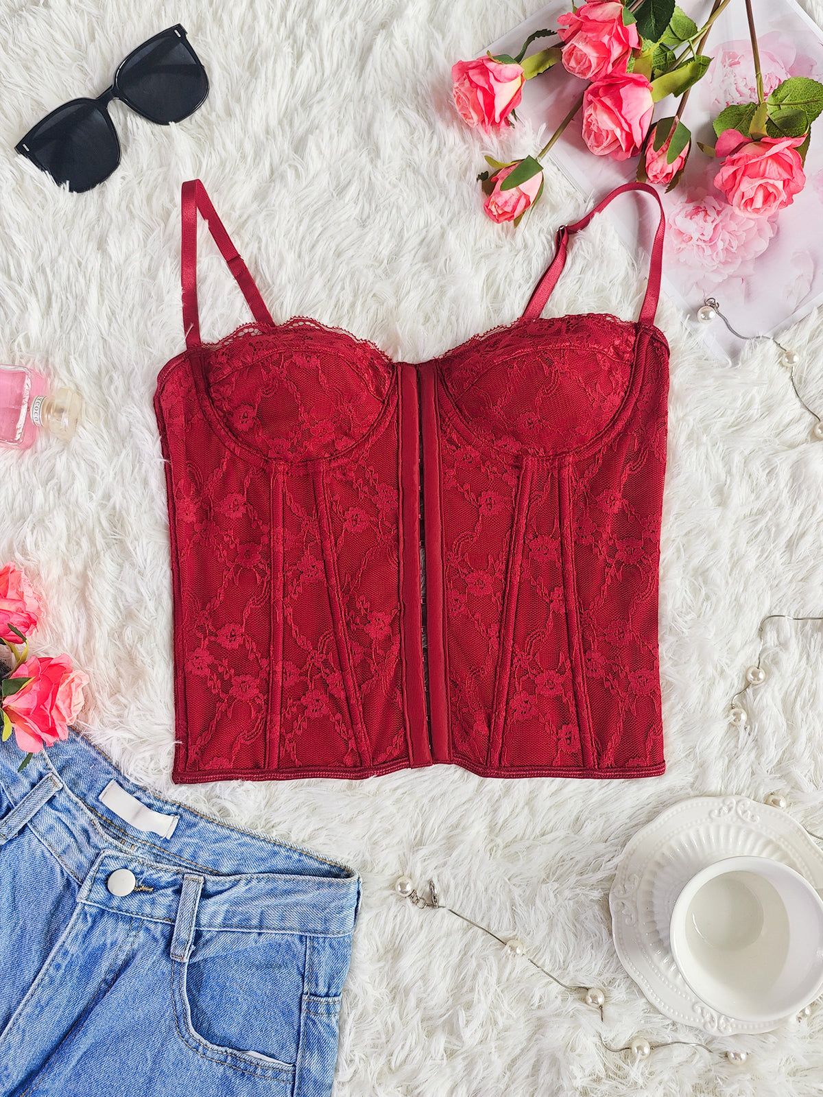 Cross-border Ins Women's Dress Fish Bone Steel Ring Wrap Chest Breasted Backless Vest European and American Style Sexy Solid Color Lace Sling