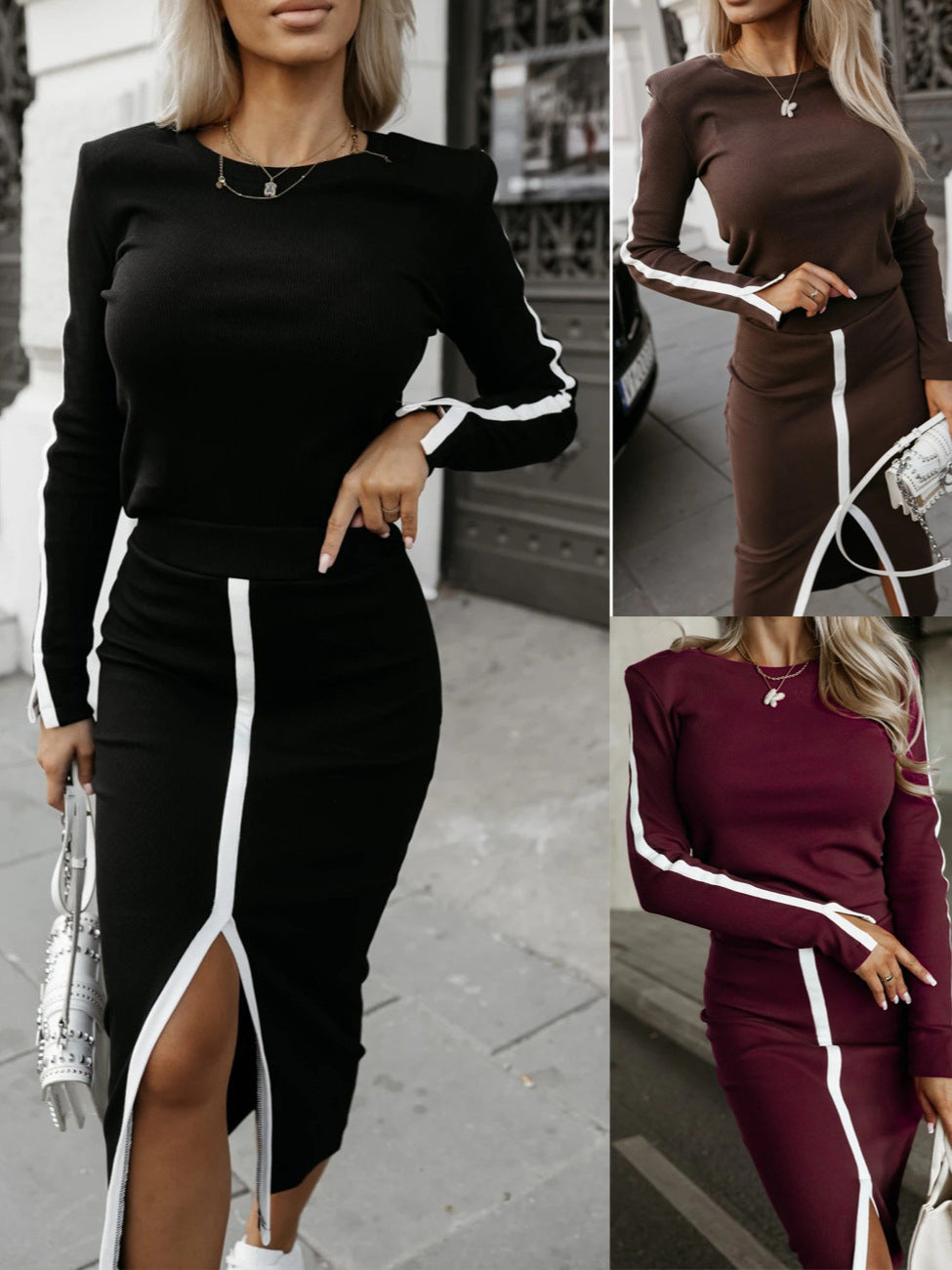 2025 independent station wish Amazon new autumn and winter fashion long sleeve solid color split two-piece skirt suit women