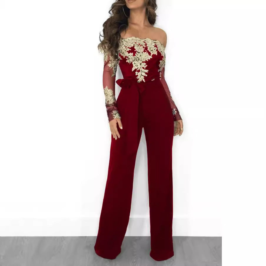 Sj3227 Foreign Trade European and American Casual Women's Water-Soluble Lace One-Line Collar Wide-Leg Jumpsuit 7 Colors