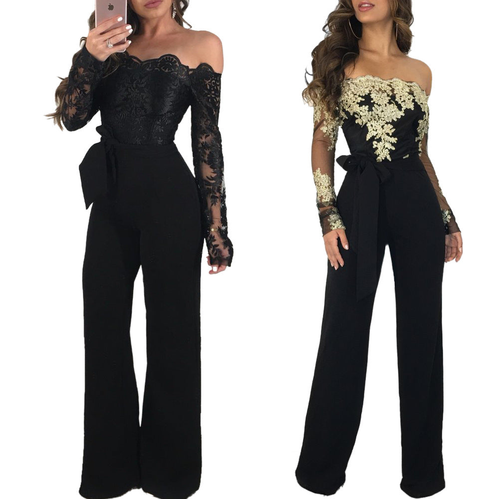 Sj3227 Foreign Trade European and American Casual Women's Water-Soluble Lace One-Line Collar Wide-Leg Jumpsuit 7 Colors