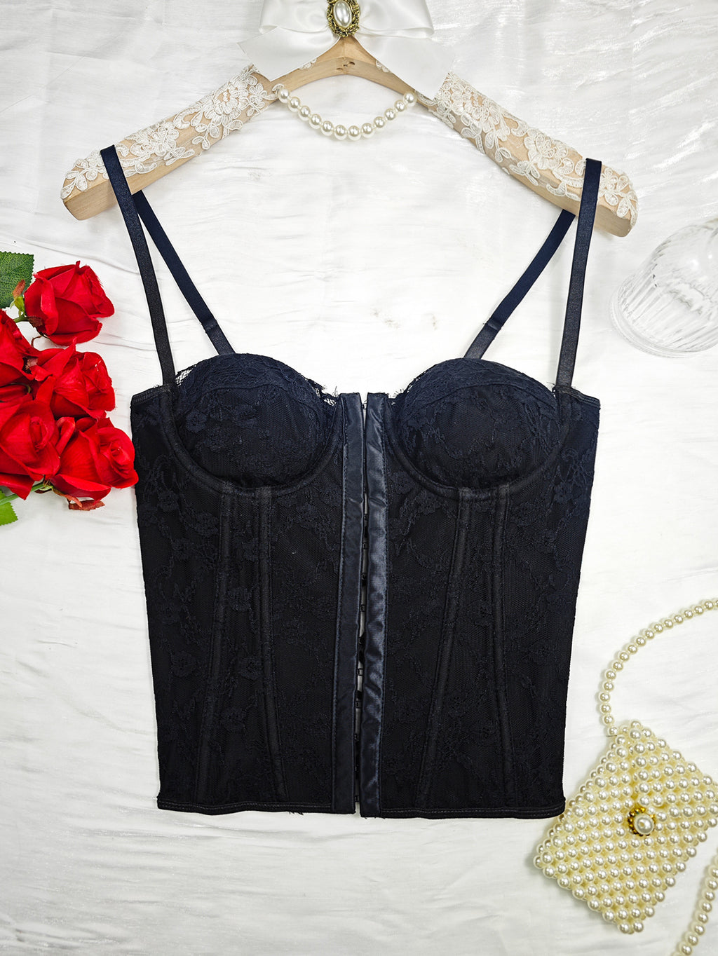 Cross-border Ins Women's Dress Fish Bone Steel Ring Wrap Chest Breasted Backless Vest European and American Style Sexy Solid Color Lace Sling