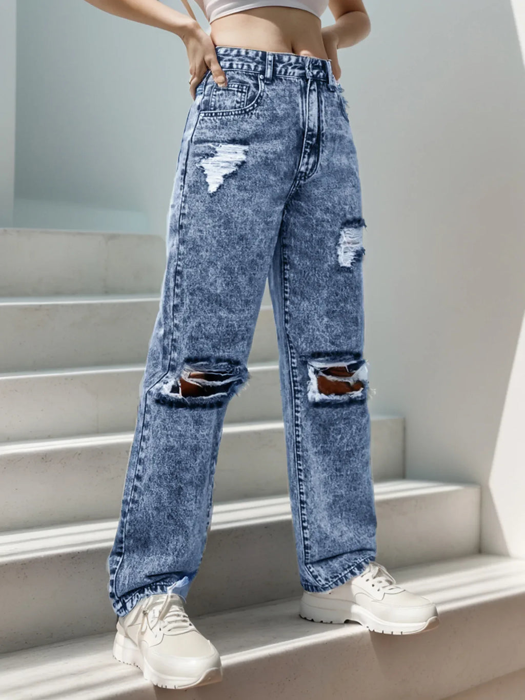 New Style Women's Ripped Street Denim Trousers Fashionable Street Jeans