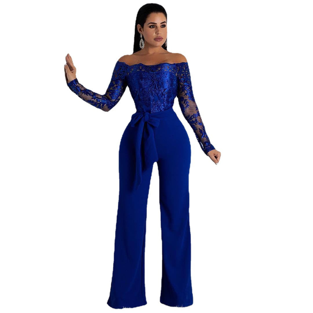 Sj3227 Foreign Trade European and American Casual Women's Water-Soluble Lace One-Line Collar Wide-Leg Jumpsuit 7 Colors