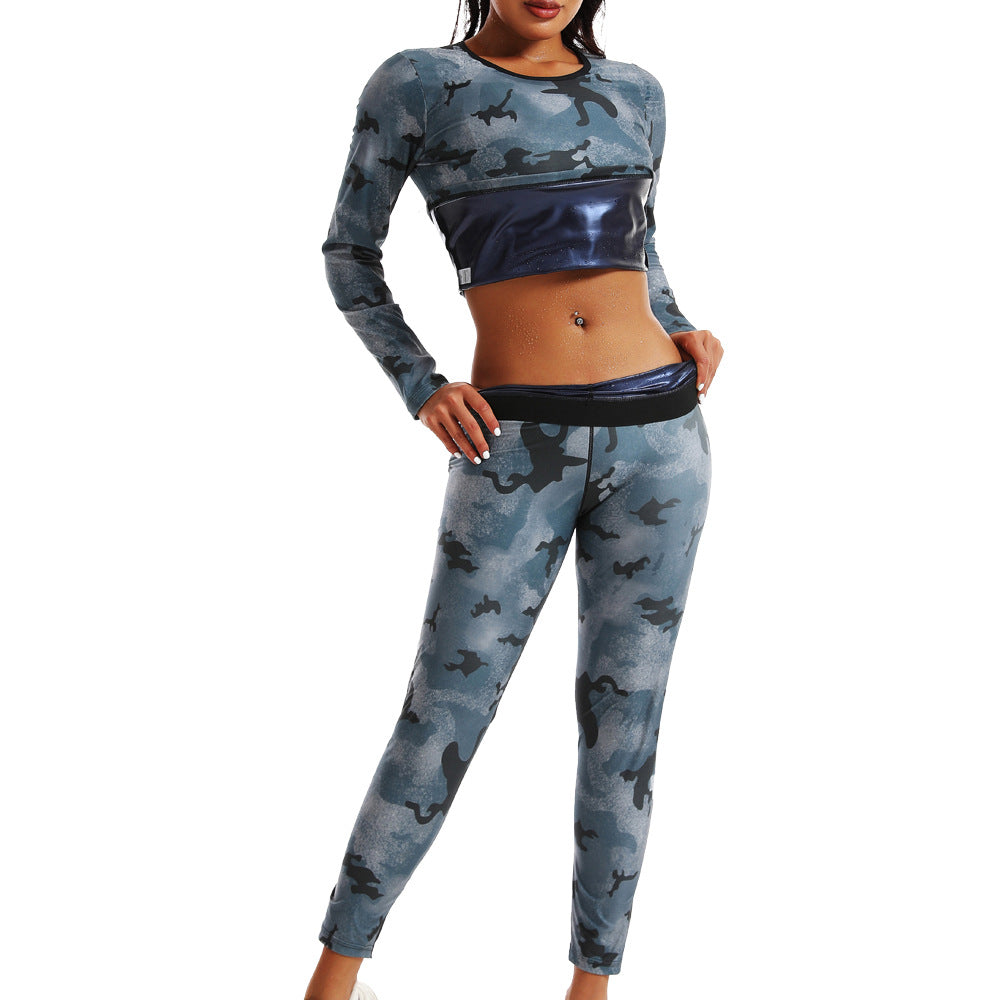 High Waist Abdominal Sweating Pants Abdominal Sweating Sports Fitness Sweating Long Sleeve Sweating Sweating Clothing Camouflage Women's Sports suit