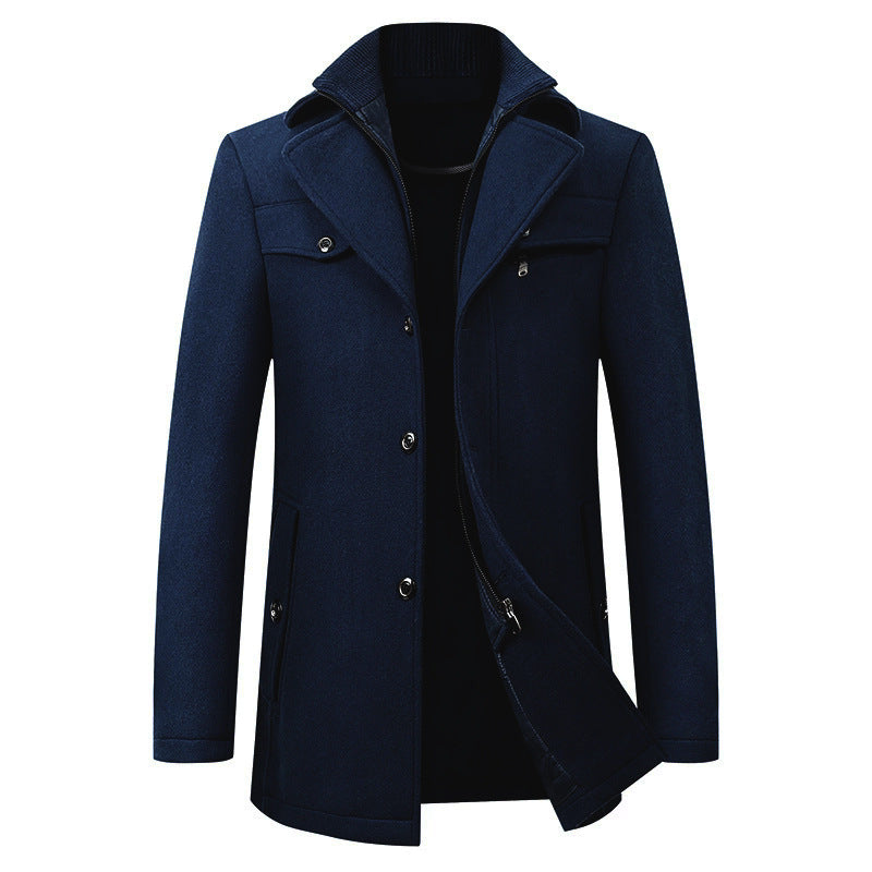 Cross-border Autumn and Winter Double Collar Wool Coat Men's Coat Casual Mid-length cotton and thickening Men's Plus Size