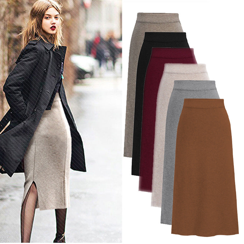 Winter Wool Skirt Women's Mid-Length Plus Size Angela Red Woolen Skirt Slit Hip Skirt High Waist Long Skirt