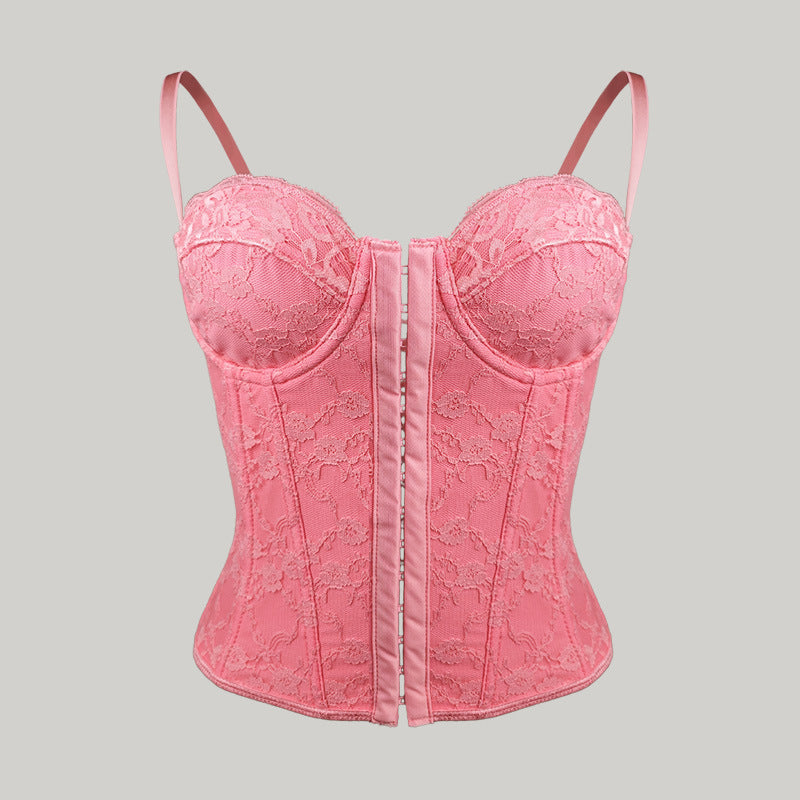 Cross-border Ins Women's Dress Fish Bone Steel Ring Wrap Chest Breasted Backless Vest European and American Style Sexy Solid Color Lace Sling