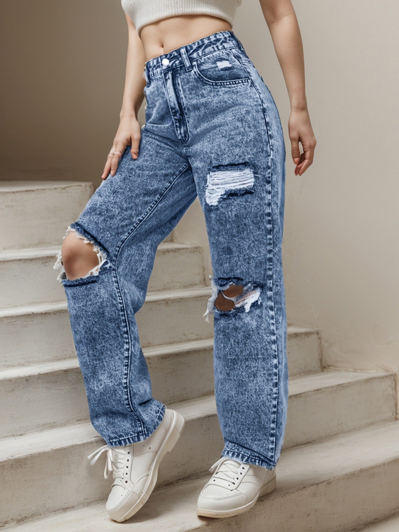 New Style Women's Ripped Street Denim Trousers Fashionable Street Jeans