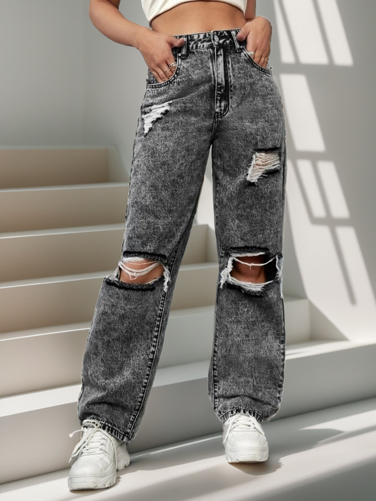 New Style Women's Ripped Street Denim Trousers Fashionable Street Jeans
