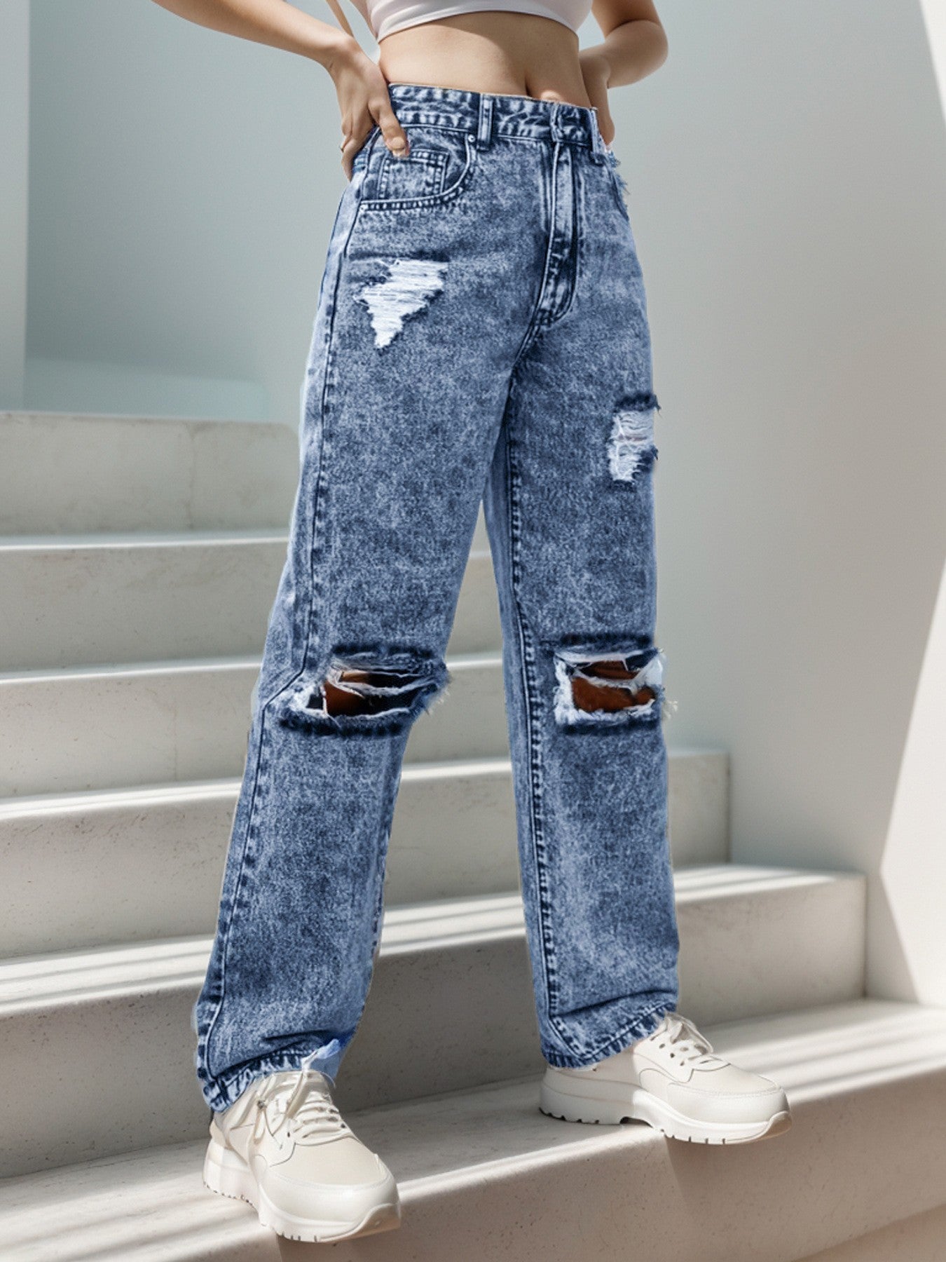 New Style Women's Ripped Street Denim Trousers Fashionable Street Jeans
