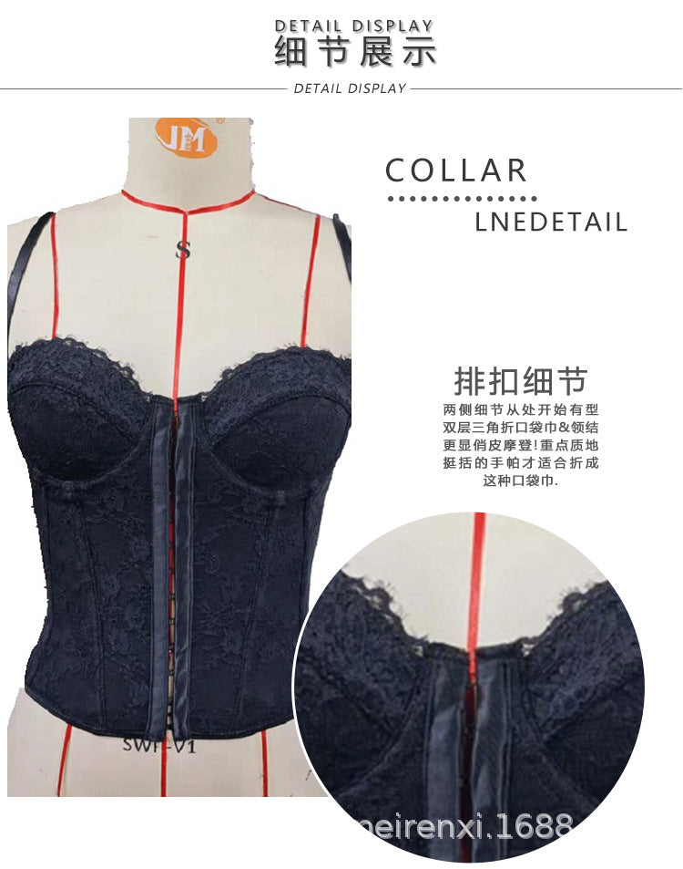 Cross-border Ins Women's Dress Fish Bone Steel Ring Wrap Chest Breasted Backless Vest European and American Style Sexy Solid Color Lace Sling