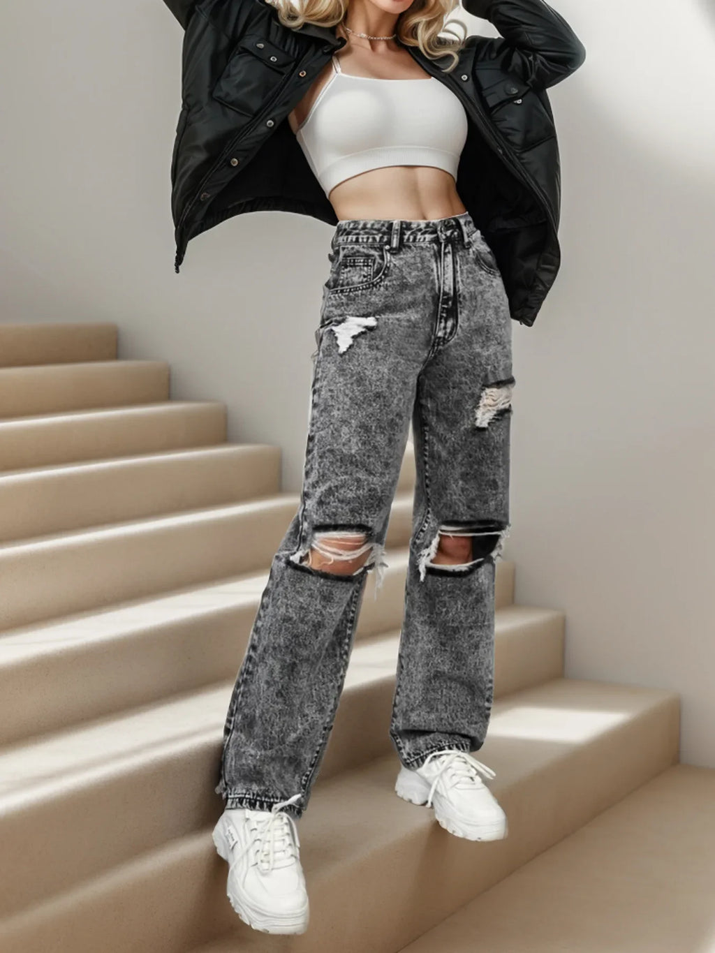 New Style Women's Ripped Street Denim Trousers Fashionable Street Jeans