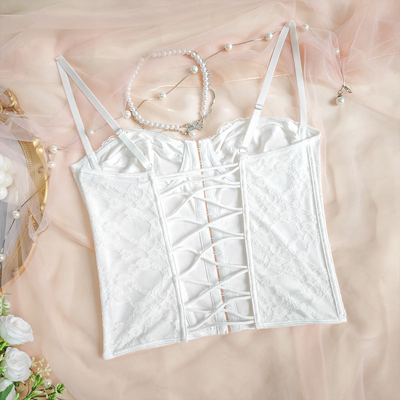 Cross-border Ins Women's Dress Fish Bone Steel Ring Wrap Chest Breasted Backless Vest European and American Style Sexy Solid Color Lace Sling