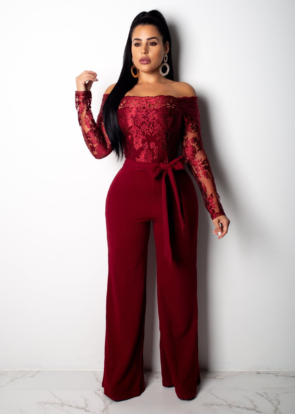 Sj3227 Foreign Trade European and American Casual Women's Water-Soluble Lace One-Line Collar Wide-Leg Jumpsuit 7 Colors