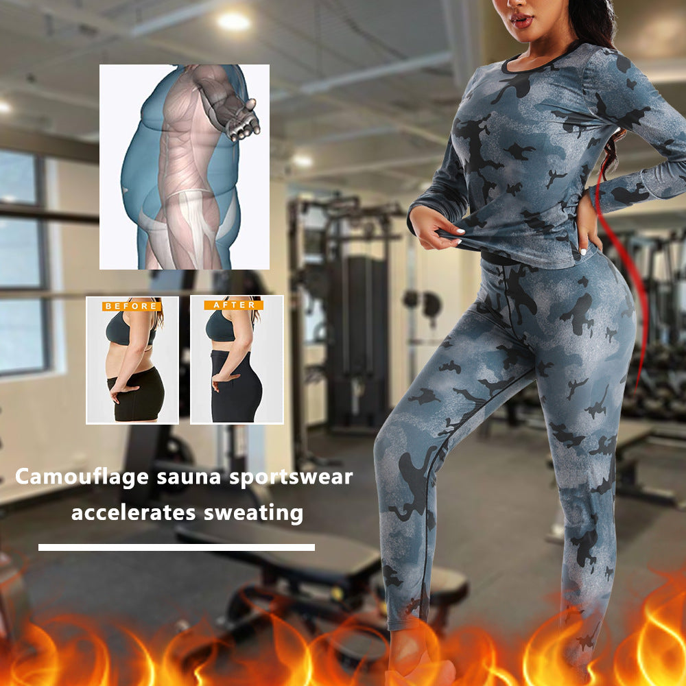 High Waist Abdominal Sweating Pants Abdominal Sweating Sports Fitness Sweating Long Sleeve Sweating Sweating Clothing Camouflage Women's Sports suit