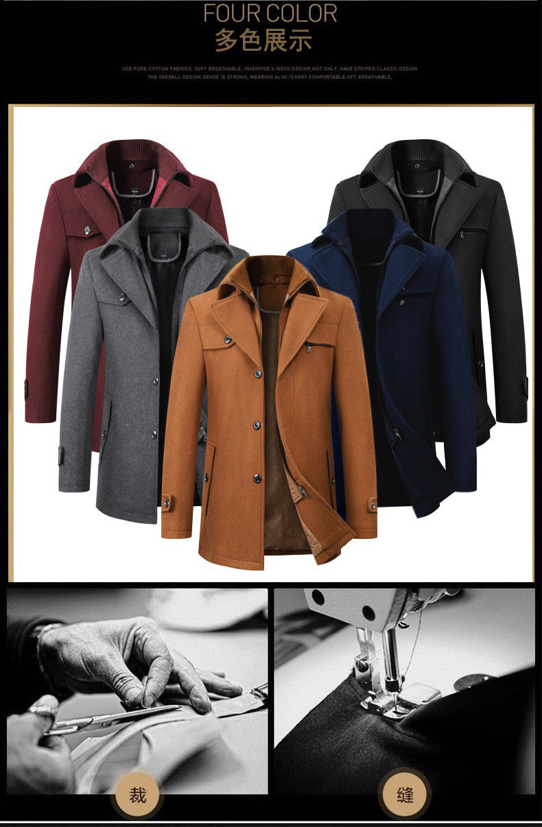 Cross-border Autumn and Winter Double Collar Wool Coat Men's Coat Casual Mid-length cotton and thickening Men's Plus Size