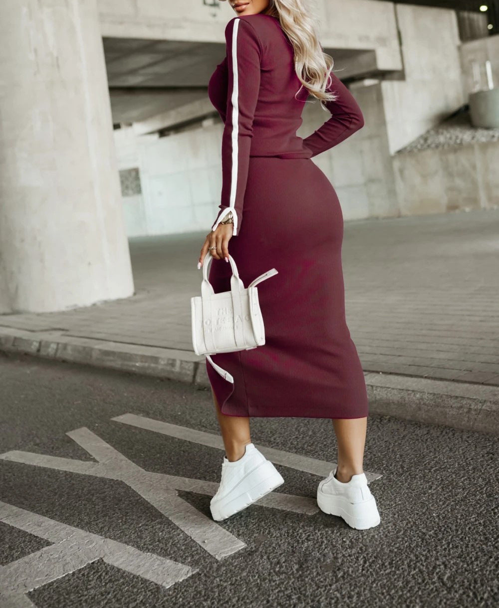 2025 independent station wish Amazon new autumn and winter fashion long sleeve solid color split two-piece skirt suit women
