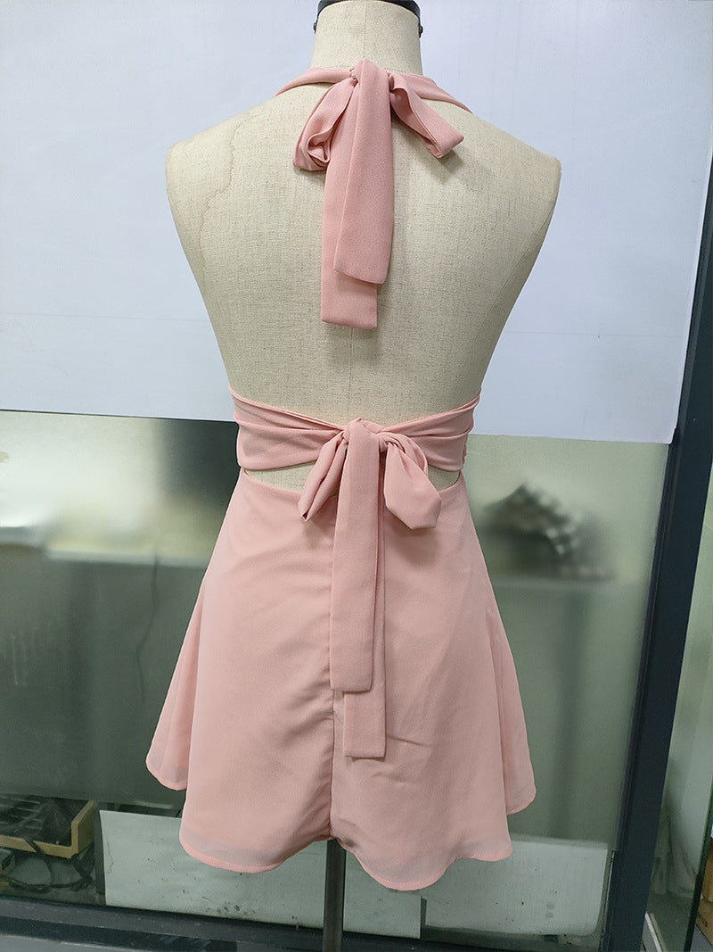 Spot European and American Cross-Border Women's Clothing Strappy Deep V Tight Skirt Sexy Sexy Backless Strappy Waist Dress