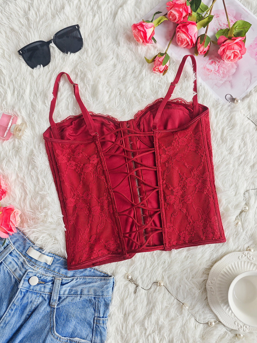 Cross-border Ins Women's Dress Fish Bone Steel Ring Wrap Chest Breasted Backless Vest European and American Style Sexy Solid Color Lace Sling