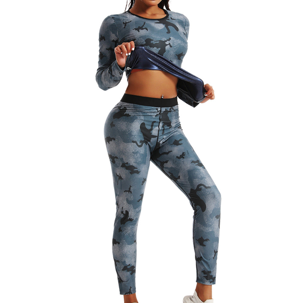 High Waist Abdominal Sweating Pants Abdominal Sweating Sports Fitness Sweating Long Sleeve Sweating Sweating Clothing Camouflage Women's Sports suit