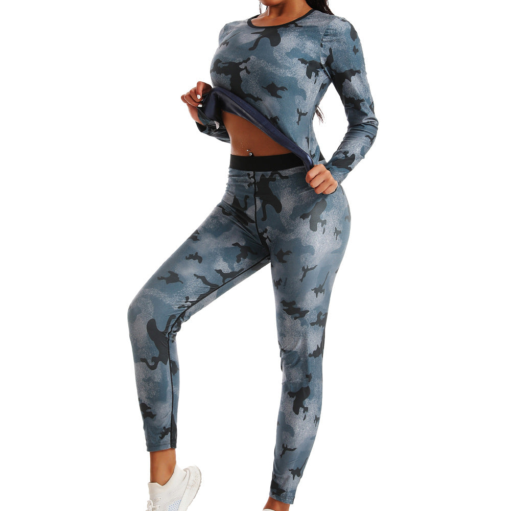 High Waist Abdominal Sweating Pants Abdominal Sweating Sports Fitness Sweating Long Sleeve Sweating Sweating Clothing Camouflage Women's Sports suit