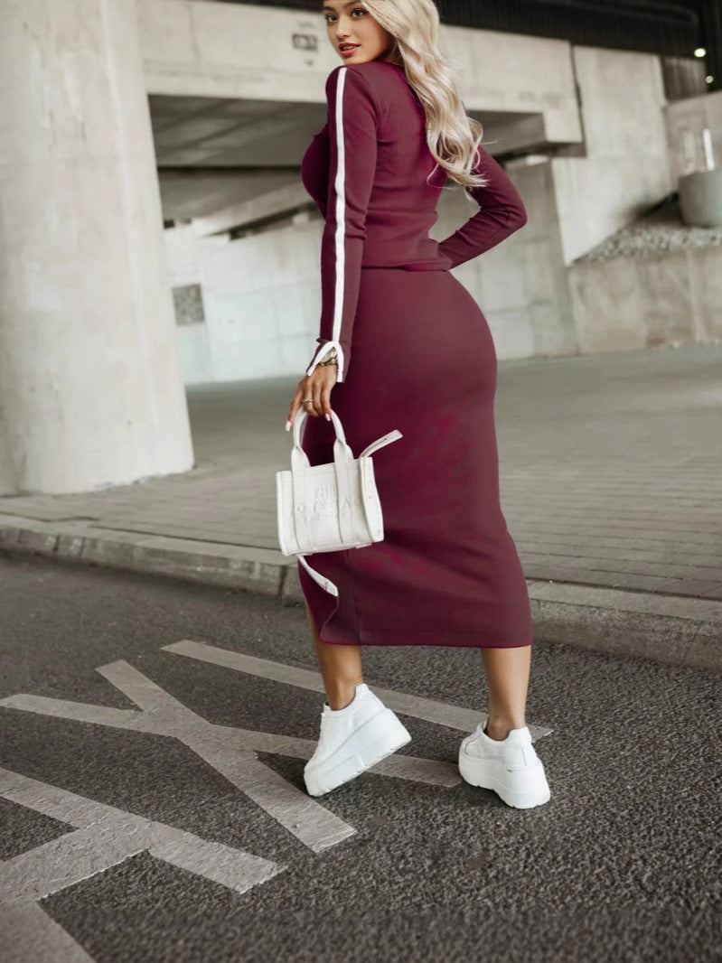 2025 independent station wish Amazon new autumn and winter fashion long sleeve solid color split two-piece skirt suit women