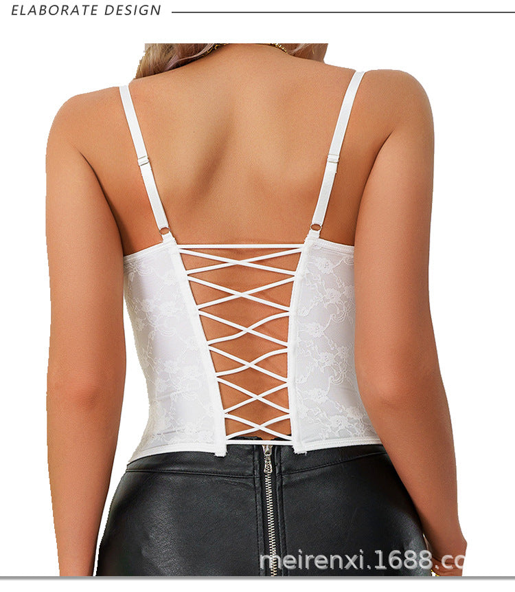 Cross-border Ins Women's Dress Fish Bone Steel Ring Wrap Chest Breasted Backless Vest European and American Style Sexy Solid Color Lace Sling