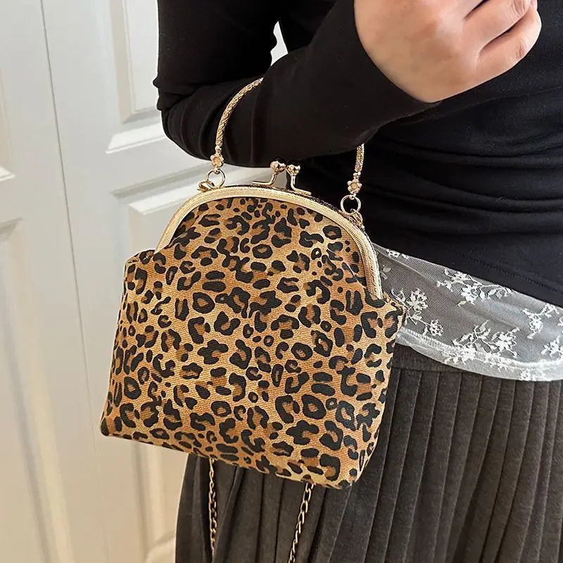 Leopard Print Clip Buckle Bag Women's New Trendy Korean Fashion Versatile Shoulder Chain Bag Women Messenger Bag